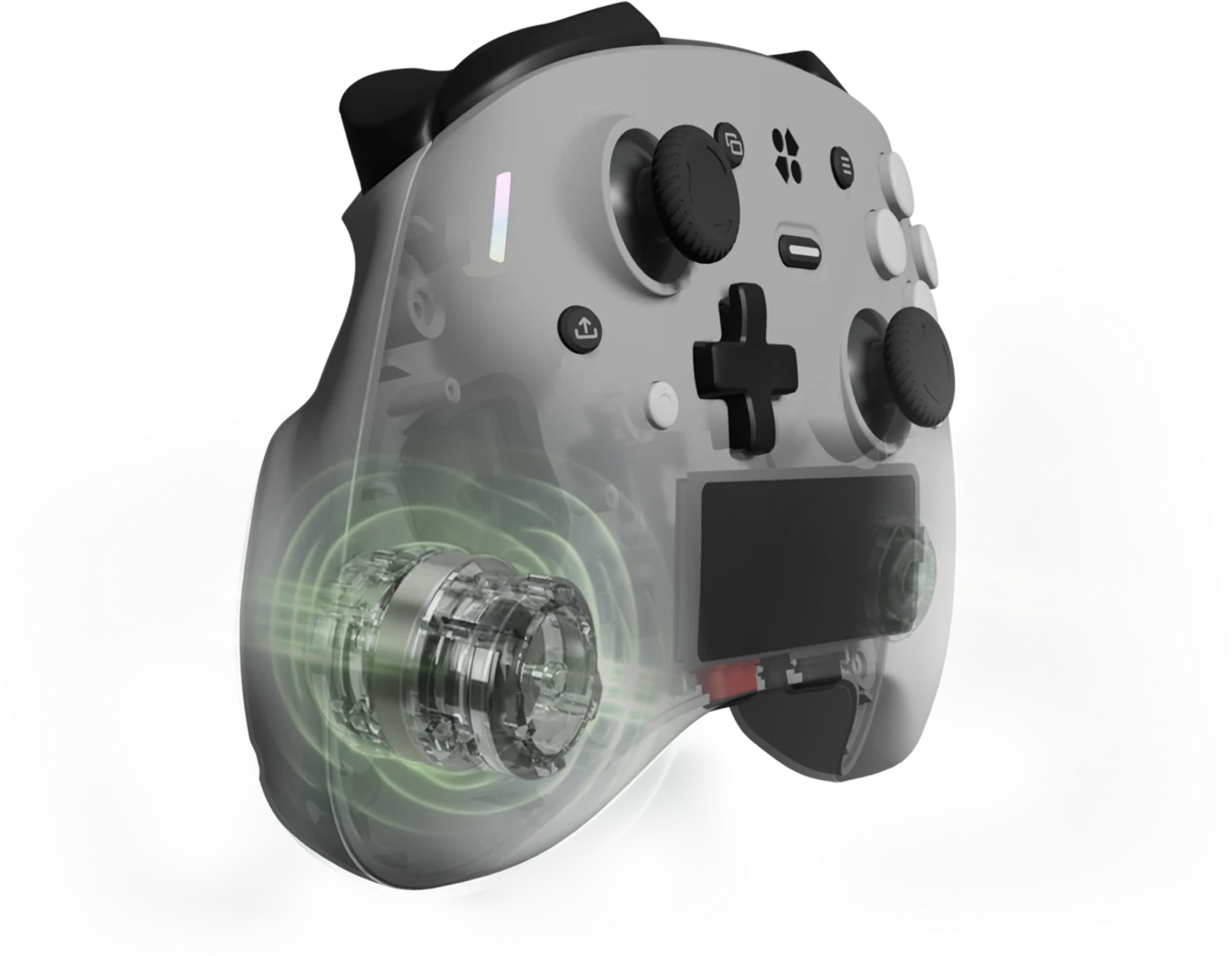 Cutaway view of a Genki Manta grip, showing the Maglev Haptics actuator and its force spreading out into the palm